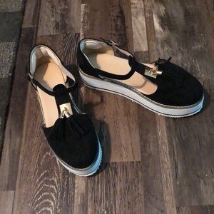 Unk brand black velvet platform shoes with gold tone hardware